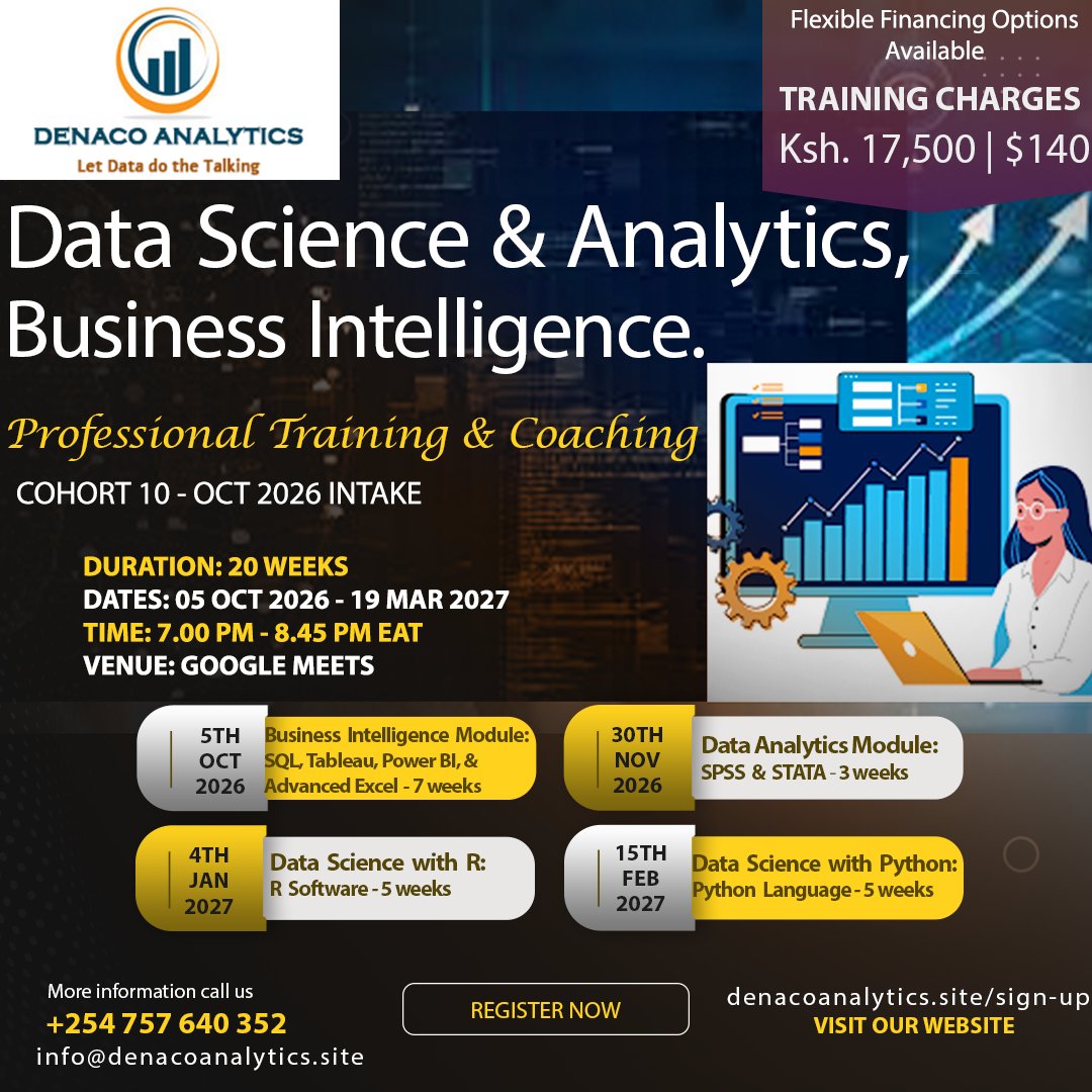 DenacoAnalytics's tweet photo. 🚀 Ready to launch your Data Science &amp; BI career? Join Cohort 10!

📅 Starts Oct 5, 2026 | ⏰ 20 Weeks

Master Data Analytics | Data Science &amp; AI | Business Intelligence

Practical projects | Expert mentorship | Industry-ready skills

🎯 Register: https://t.co/MZovrd0uaA https://t.co/Gi1oWtZSt0