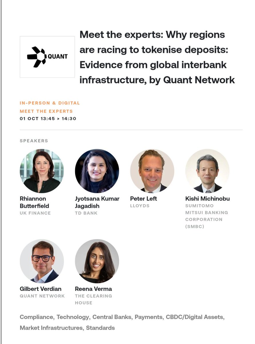 juicemanaboutit's tweet photo. Look at who Quant is sharing Sibos panels with this week. $QNT 👇
💥AWS
💥J.P. Morgan
💥The Clearing House
💥Truist
💥TD Bank
💥Lloyds
💥SMBC
💥UK Finance
💥Murex
And the topics aren't “crypto.”
They are
-Tokenised deposits
-Programmable settlement
-Global interbank infrastructure
-Tokenised assets
-Moving from pilots to production

This is what institutional positioning looks like before the market fully understands it.
$QNT Follow for Sibos updates.