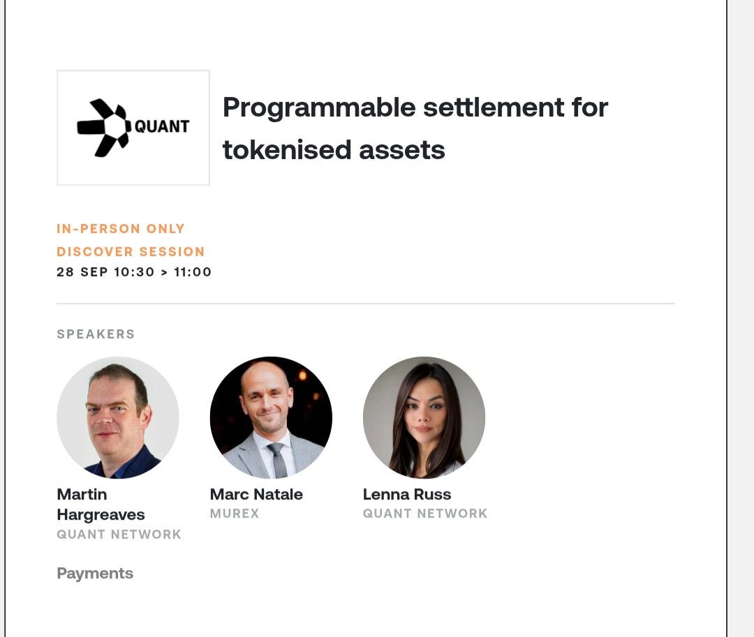 juicemanaboutit's tweet photo. Look at who Quant is sharing Sibos panels with this week. $QNT 👇
💥AWS
💥J.P. Morgan
💥The Clearing House
💥Truist
💥TD Bank
💥Lloyds
💥SMBC
💥UK Finance
💥Murex
And the topics aren't “crypto.”
They are
-Tokenised deposits
-Programmable settlement
-Global interbank infrastructure
-Tokenised assets
-Moving from pilots to production

This is what institutional positioning looks like before the market fully understands it.
$QNT Follow for Sibos updates.