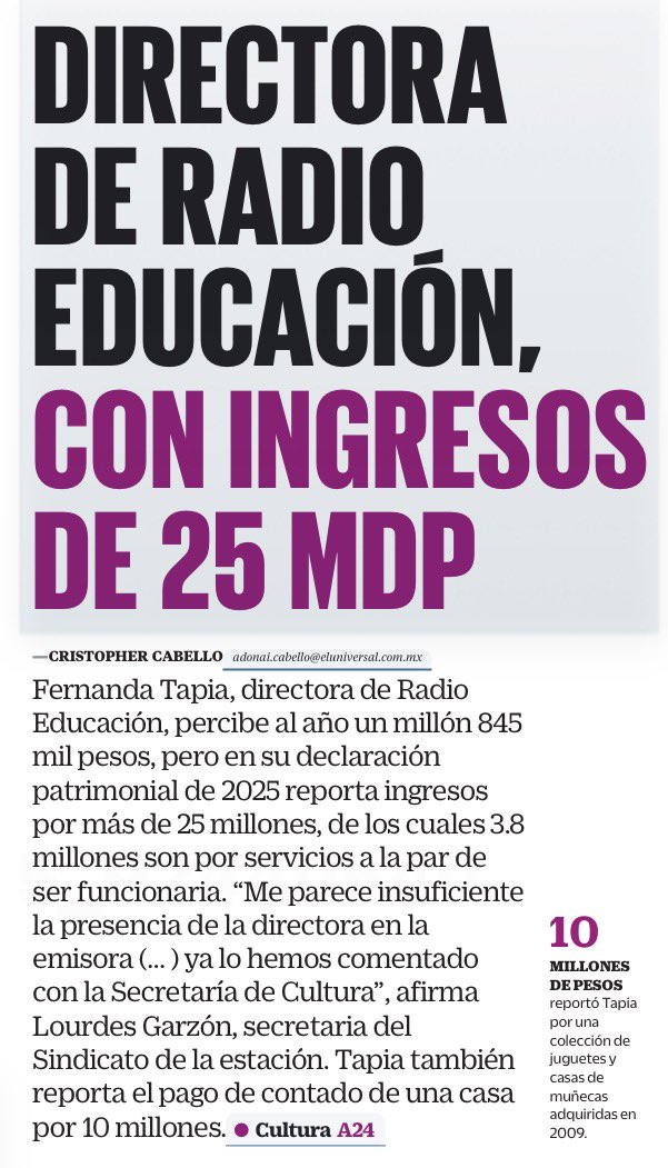 bereaguilarv's tweet photo. ¡Otro milagro de la 4T! 

Fernanda Tapia cobra 1.8 mdp al año como directora de Radio Educación. 

En su declaración patrimonial de 2025 reportó ingresos por más de 25 mdp. 

Ese mismo año compró al contado una casa de 10.4 mdp.

Mientras tanto, los trabajadores denuncian que casi no se aparece por la emisora.