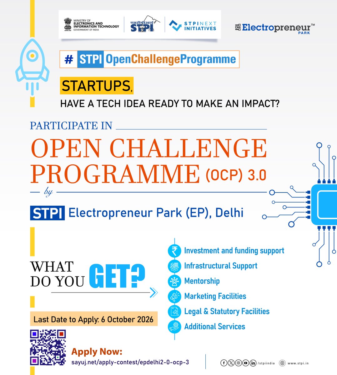 stpinext's tweet photo. #OpenChallengeProgramme
🚀 Startups, got an innovative idea in ESDM? Here’s your opportunity to turn it into reality!
STPI Electropreneur Park (EP), Delhi is inviting students, budding entrepreneurs and startups to participate in the Open Challenge Programme (OCP 3.0) https://t.co/Itnvs3skMQ