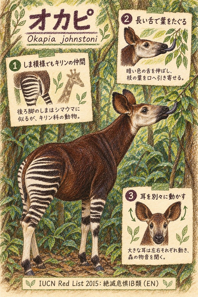 Ryukkeai's tweet photo. しま模様はシマウマみたい。でも、キリンの仲間。
オカピ
Okapia johnstoni

IUCN Red List 2015: 絶滅危惧IB類 (EN)

#世界の知らない生き物 #Okapi https://t.co/Yn5vzvAUFC