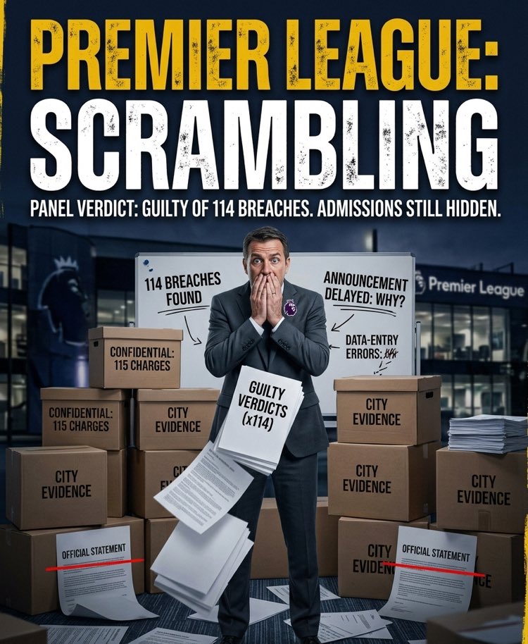 sportlaughHQ's tweet photo. The Premier League independent panel found 

Manchester City guilty of 114 financial breaches, but the league is still too scared to make an official announcement. That is not a football administration, that is a group chat hiding from its own drama. No cap. https://t.co/aJvuLdYm7G