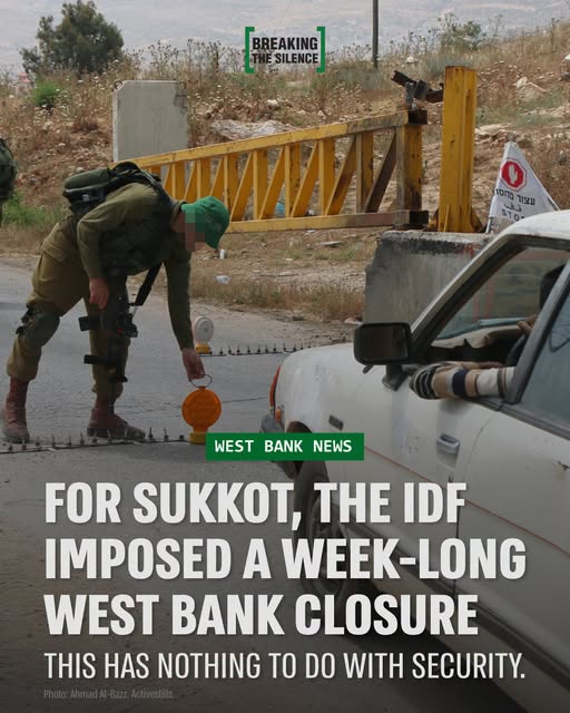BtSIsrael's tweet photo. Palestinians are stuck in their cars on the roads because the IDF imposed a week-long closure on the West Bank for the Jewish holiday of Sukkot. For those travelling between Palestinian cities and villages, already insanely long journeys across the West Bank become even more insane. The reason is presumably that holidays bring special security risks. Yet at the same time, settler municipalities are inviting thousands of tourists to visit the West Bank for Sukkot.
There is no end to the hardships this closure brings to Palestinians. People plan to work, study, visit family, or simply do something for themselves, and then a system operated by and for just one people can upend all those plans. This is why the IDF regularly imposes curfews on Nablus so that a dozen settlers can pray at Joseph’s Tomb, and why most Palestinians in Hebron are barred from entering the city centre. Rather than being driven by security concerns, these restrictions are rooted in a system of supremacy.