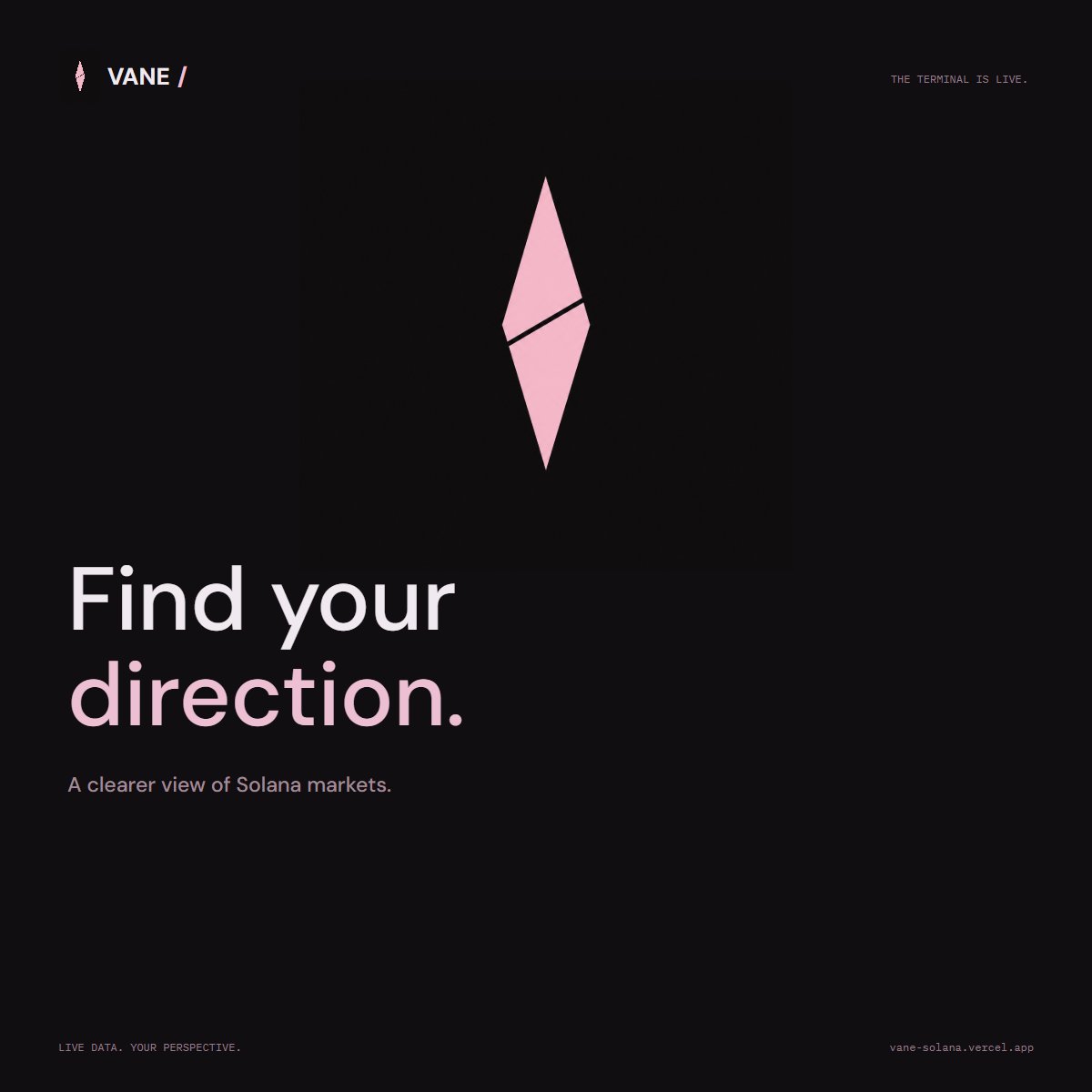 vanepadsol's tweet photo. VANE is live.

Live Solana charts. Token discovery. Watchlists. Price alerts. On-chain wallet views.

A little less noise. A little more perspective.

Find your direction.

https://t.co/4eJZuF71FH https://t.co/lzZjXyfH5s