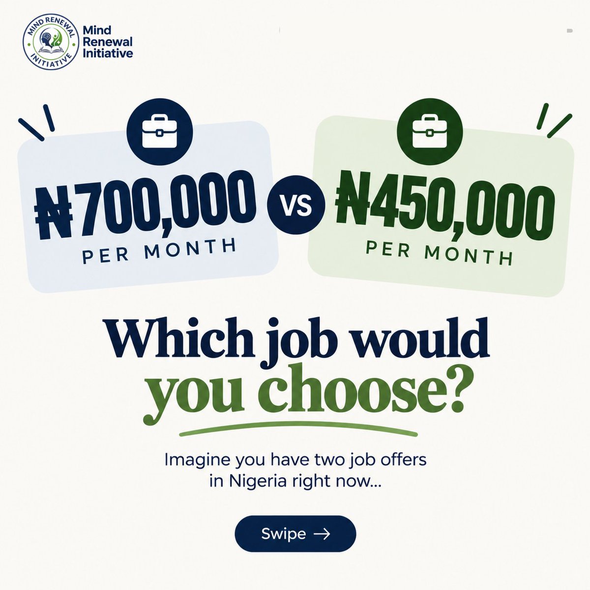 MindRenewalInit's tweet photo. ₦700k in a toxic workplace or ₦450k with peace of mind?

There’s more to a job than the salary on the offer letter.

Which would you choose and why? 👇🏽

#WorkplaceSafety #toxicworkplace #mentalhealthawareness https://t.co/FOA9S0fixX