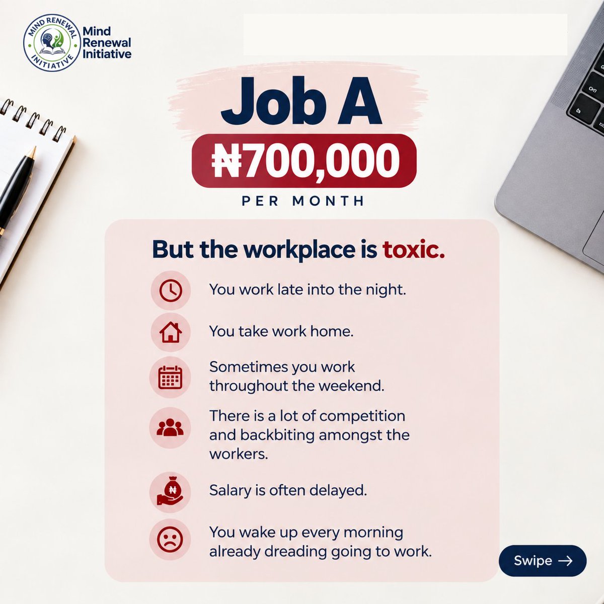 MindRenewalInit's tweet photo. ₦700k in a toxic workplace or ₦450k with peace of mind?

There’s more to a job than the salary on the offer letter.

Which would you choose and why? 👇🏽

#WorkplaceSafety #toxicworkplace #mentalhealthawareness https://t.co/FOA9S0fixX