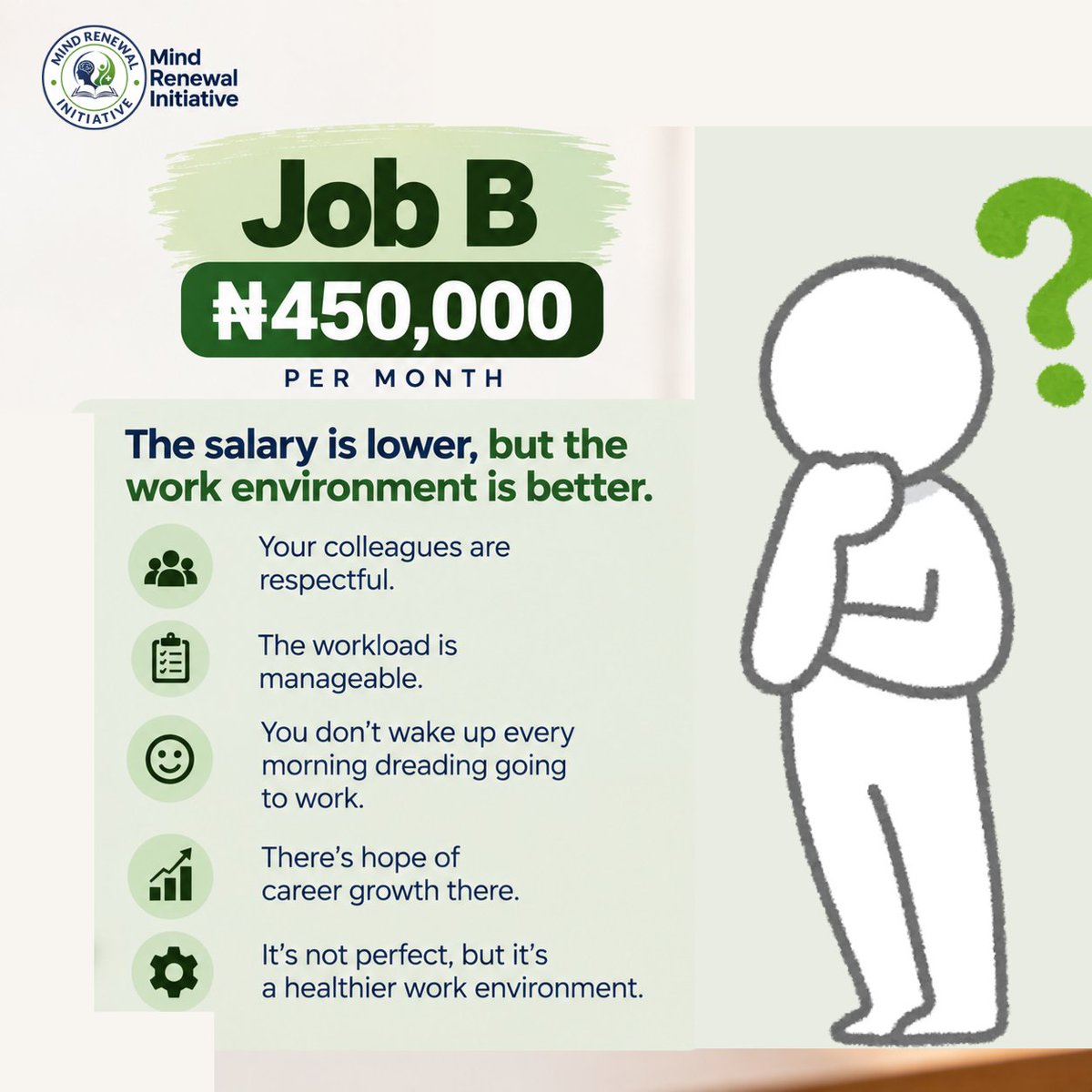 MindRenewalInit's tweet photo. ₦700k in a toxic workplace or ₦450k with peace of mind?

There’s more to a job than the salary on the offer letter.

Which would you choose and why? 👇🏽

#WorkplaceSafety #toxicworkplace #mentalhealthawareness https://t.co/FOA9S0fixX