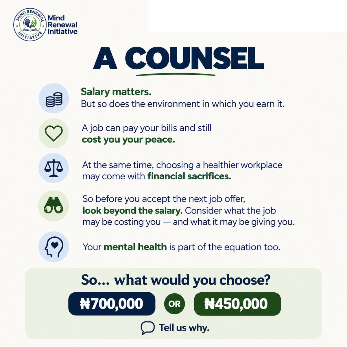 MindRenewalInit's tweet photo. ₦700k in a toxic workplace or ₦450k with peace of mind?

There’s more to a job than the salary on the offer letter.

Which would you choose and why? 👇🏽

#WorkplaceSafety #toxicworkplace #mentalhealthawareness https://t.co/FOA9S0fixX