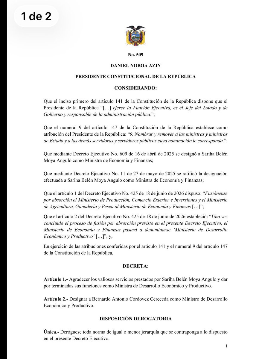 ecuainm_oficial's tweet photo. ‼️#URGENTE
El presidente Daniel Noboa designó a Bernardo Cordovez Cereceda como nuevo ministro de Desarrollo Económico y Productivo, en reemplazo de Sariha Moya, cuyas funciones dio por terminadas mediante el Decreto Ejecutivo 509. Cordovez venía desempeñándose como presidente del Consejo Directivo del IESS. 
DG