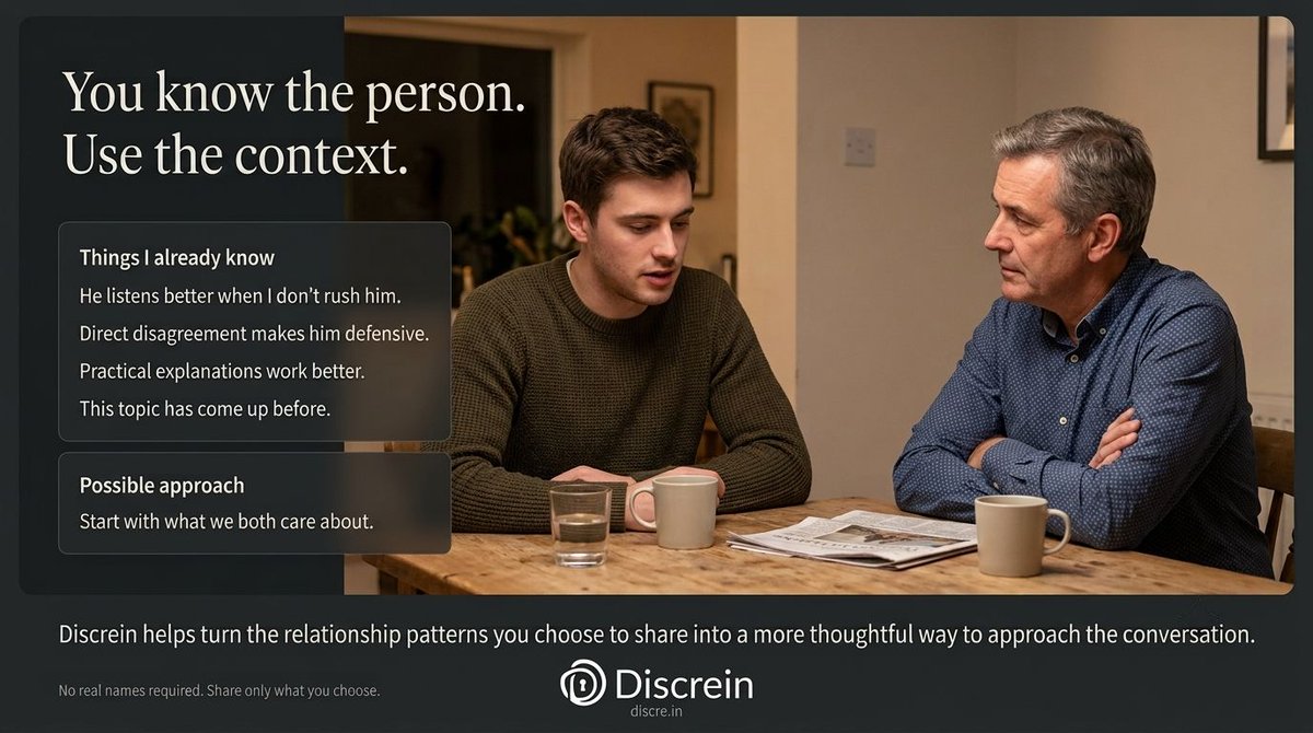 discre_in's tweet photo. You already know how they communicate.

What makes them defensive.
What helps them open up.
What usually makes things worse.

Discrein helps you use that context when preparing for the conversation.

→ https://t.co/AORTYOMr1T

#Discrein #Communication #AI https://t.co/Y9ZVEc1pwT