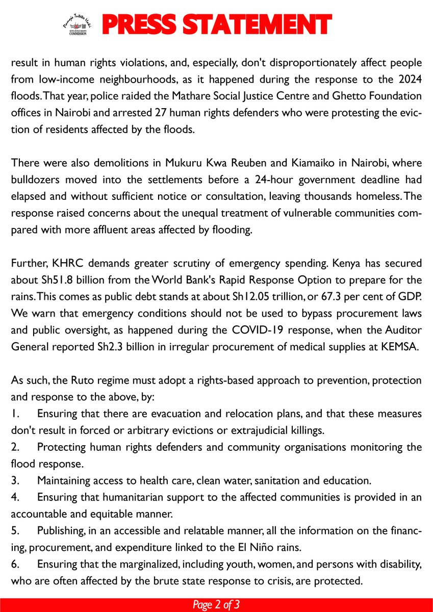 thekhrc's tweet photo. #PressStatement
KHRC warns El Niño rains could worsen human rights violations under the Ruto regime and demands a rights-based response. https://t.co/Pud7ZyCjTB