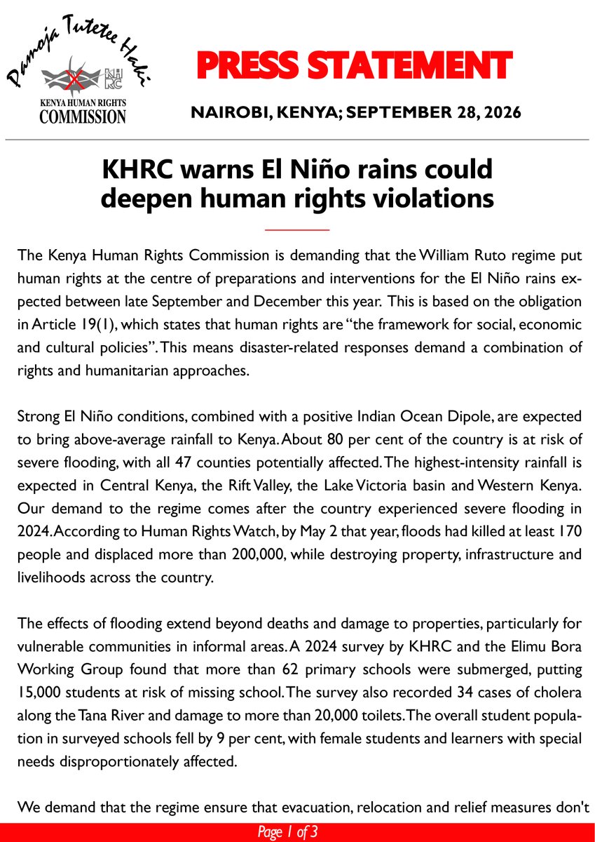 thekhrc's tweet photo. #PressStatement
KHRC warns El Niño rains could worsen human rights violations under the Ruto regime and demands a rights-based response. https://t.co/Pud7ZyCjTB