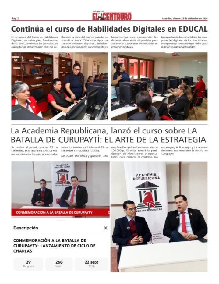ANRParaguay's tweet photo. Ya salió El Centauro - Edición N° 137.
En tapa: Cartes y Alliana; prioridad, la necesidad de los paraguayos y las próximas elecciones. La ANR, entrega aporte de campaña para las municipales. Continúa curso de habilidades digitales en EDUCAL. https://t.co/AjN01LgnjL
