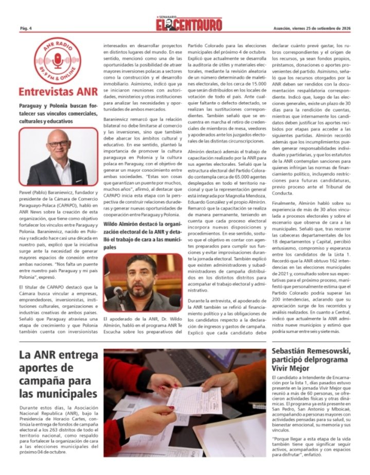 ANRParaguay's tweet photo. Ya salió El Centauro - Edición N° 137.
En tapa: Cartes y Alliana; prioridad, la necesidad de los paraguayos y las próximas elecciones. La ANR, entrega aporte de campaña para las municipales. Continúa curso de habilidades digitales en EDUCAL. https://t.co/AjN01LgnjL