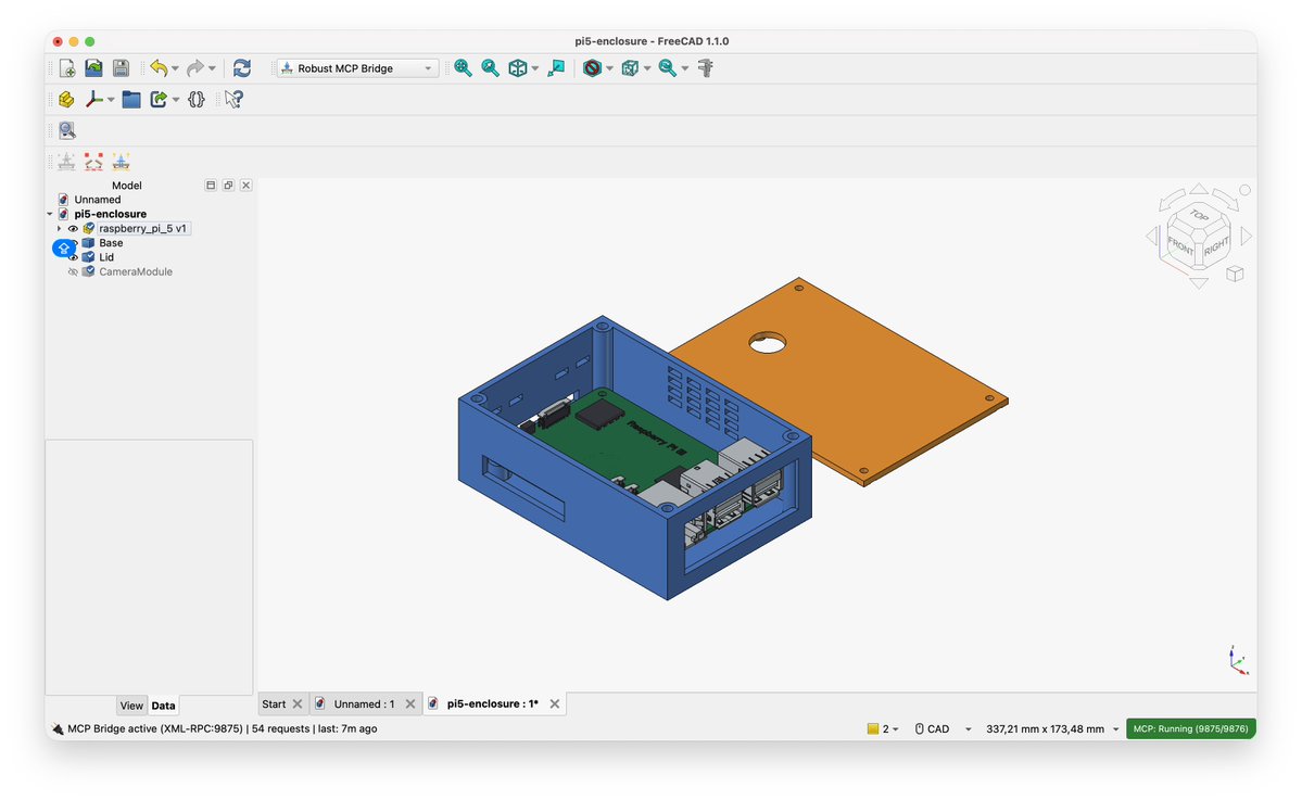 bepituLaz's tweet photo. I'm connecting Hermes to FreeCAD via Robust MCP Bridge, and use GLM 5.3 to make a custom Raspberry Pi 5 enclosure with its camera module facing upwards.

It also makes the assembly animation. I'll do a test print.

Moral of the story, "Buy a 3D printer and a CNC machine" 😂 https://t.co/cONnt2feyz