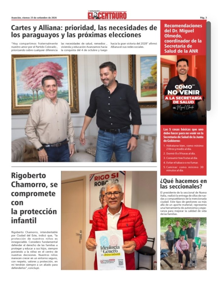 ANRParaguay's tweet photo. Ya salió El Centauro - Edición N° 137.
En tapa: Cartes y Alliana; prioridad, la necesidad de los paraguayos y las próximas elecciones. La ANR, entrega aporte de campaña para las municipales. Continúa curso de habilidades digitales en EDUCAL. https://t.co/AjN01LgnjL