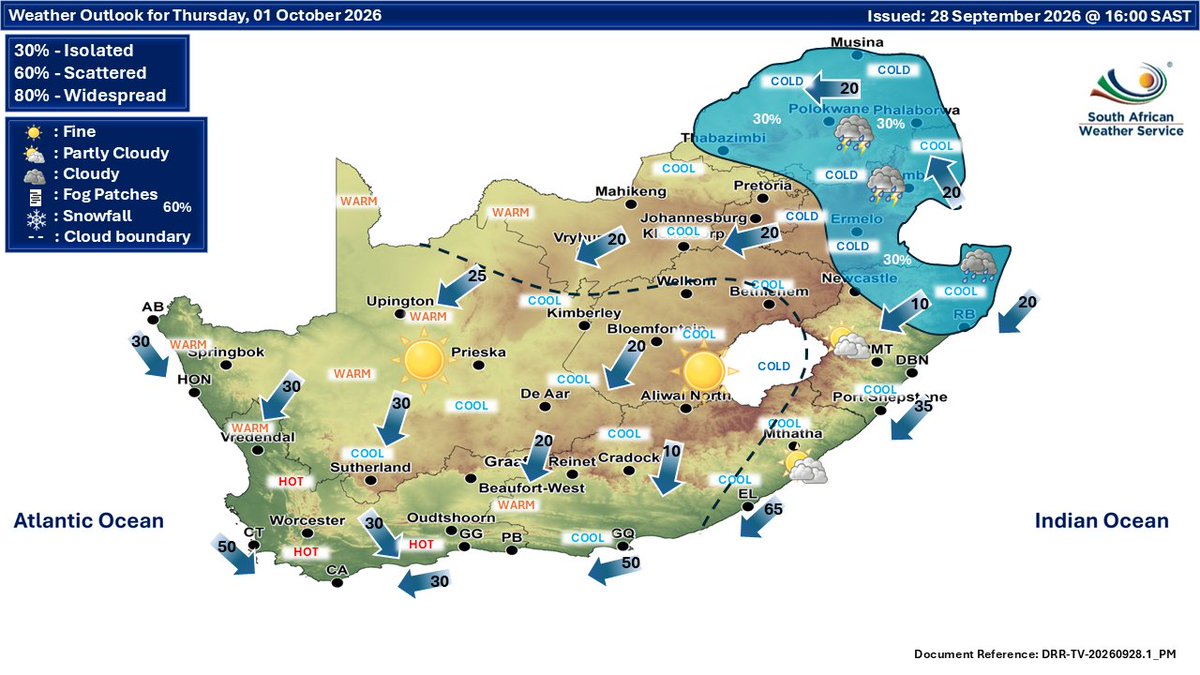 SAWeatherServic's tweet photo. Weather outlook for Wednesday &amp; Thursday: 30 September-01 October 2026.
Cloudy &amp; cold conditions are expected in the east. Otherwise, partly cloudy &amp; cool, with isolated to scattered rain &amp; thunderstorms possible over eastern parts of the RSA.  #saws #weatheroutlook https://t.co/nXEqn9G5lw