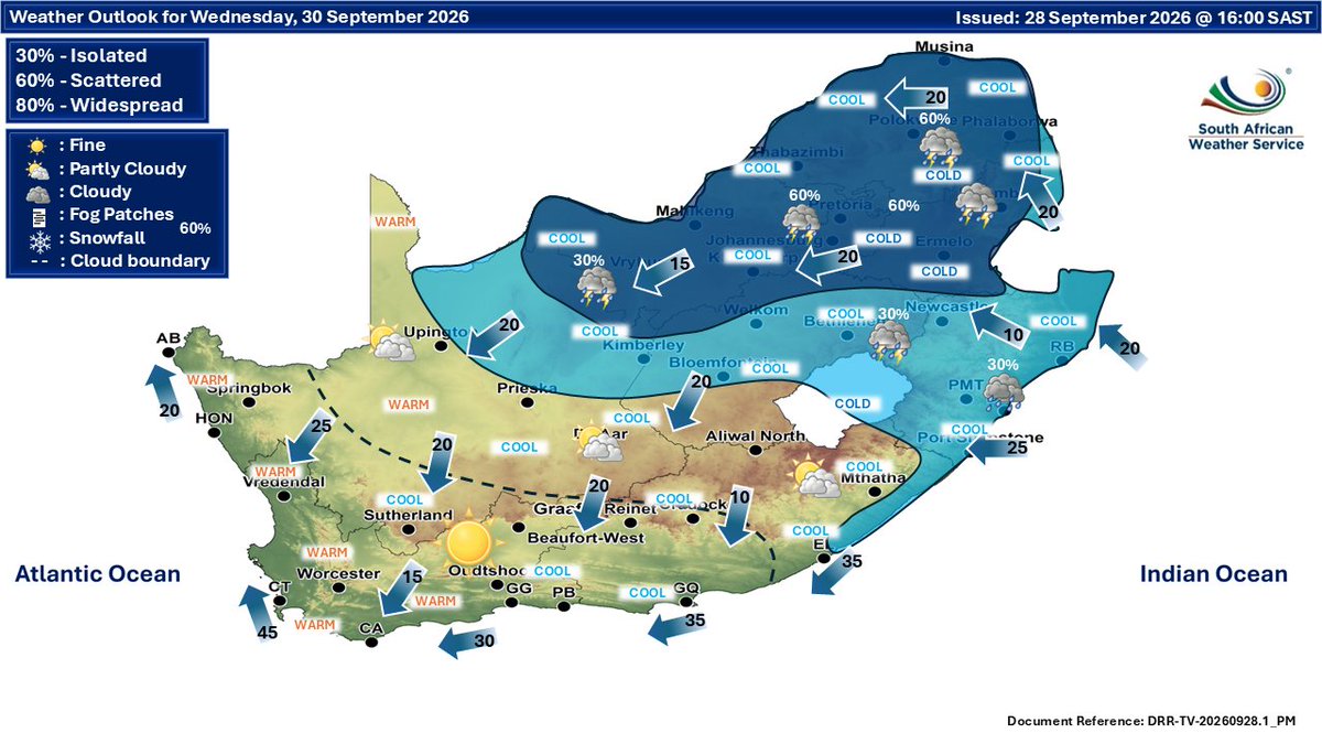 SAWeatherServic's tweet photo. Weather outlook for Wednesday &amp; Thursday: 30 September-01 October 2026.
Cloudy &amp; cold conditions are expected in the east. Otherwise, partly cloudy &amp; cool, with isolated to scattered rain &amp; thunderstorms possible over eastern parts of the RSA.  #saws #weatheroutlook https://t.co/nXEqn9G5lw