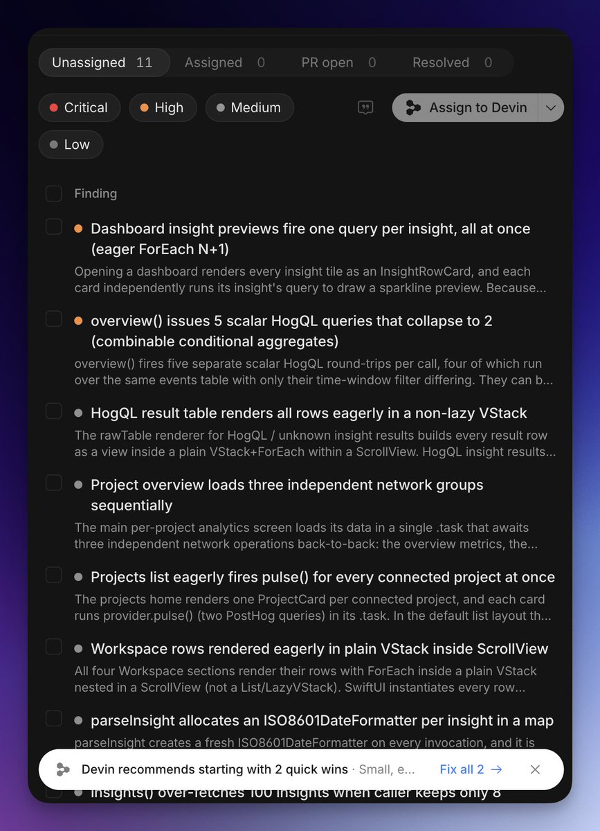 frmdomi's tweet photo. Okay, THIS is actually a really cool Devin feature.

It scanned one of my codebases for performance issues and sorted them from critical to low.

Now I can just tell Devin to fix them and focus on other stuff, like distributing the app! https://t.co/PPhb7SfOIH