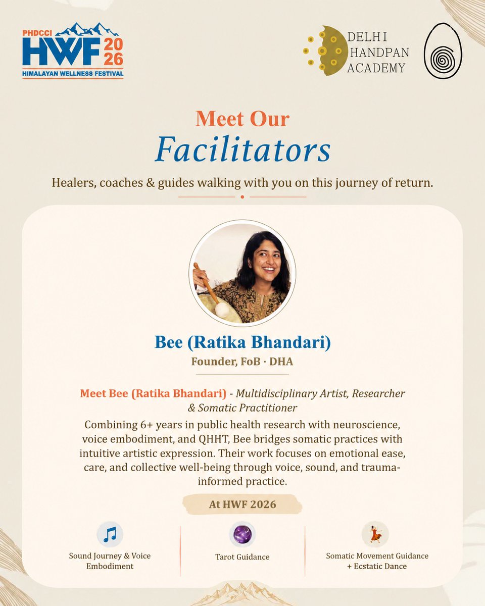 HimalayanWell's tweet photo. Meet Bee (Ratika Bhandari) Multidisciplinary Artist, Researcher &amp; Somatic Practitioner, joining the Himalayan Wellness Festival 2026 with experiences designed around voice, sound, movement and intuitive expression.

23–25 Oct 2026, The Punarnava Wellness Resort, Dehradun https://t.co/zBjiYwl5d2