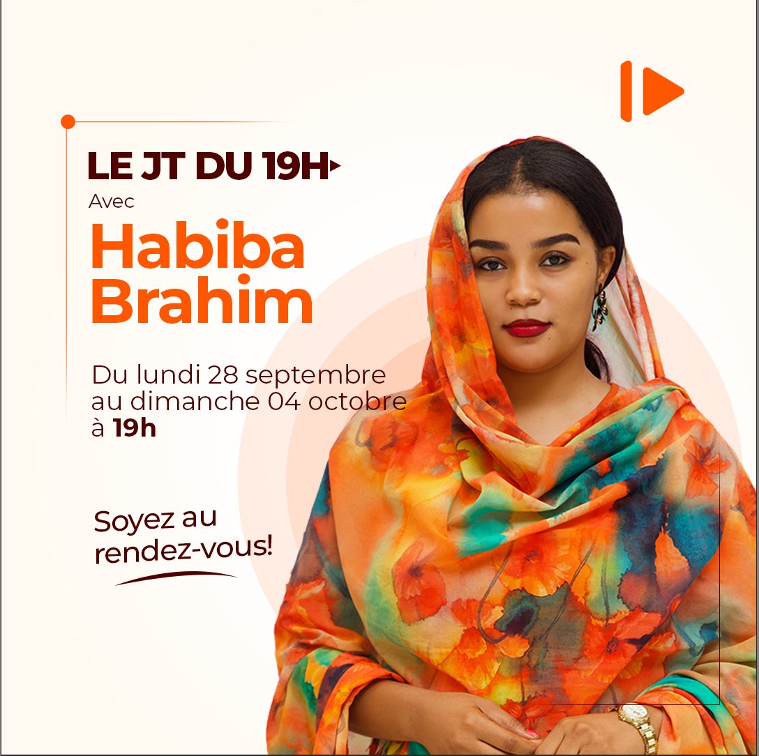 mrtvtchad's tweet photo. Retrouvez Habiba Brahim à la présentation de votre journal de 19h sur MRTV, tout au long de la semaine du 28 septembre au 4 octobre 2026. Soyez au rendez-vous.
#mrtvtchad #mrtv #Tchad #Journal #JTF https://t.co/umCZ2HWRts