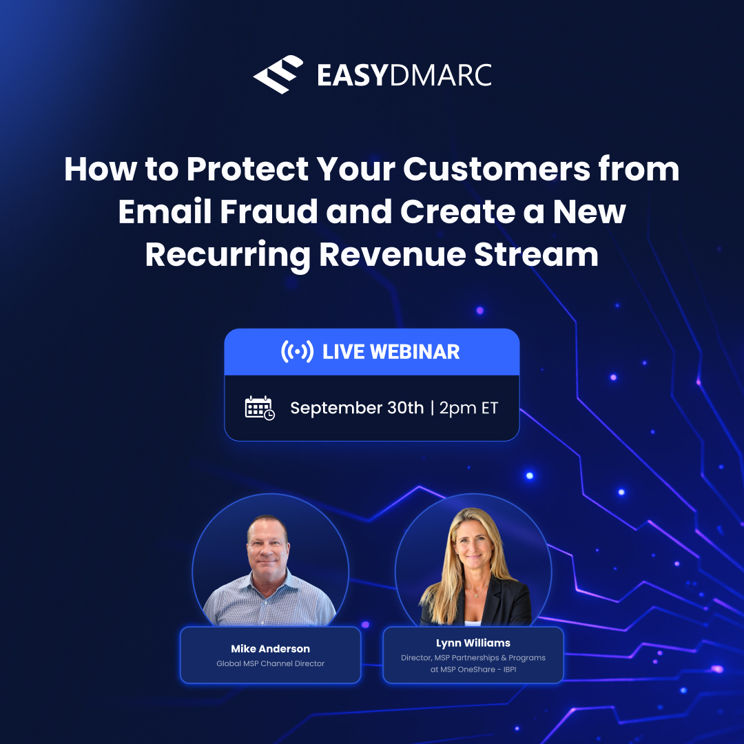 easydmarc's tweet photo. 📈For MSPs, DMARC is a great recurring revenue line waiting to be packaged.

Join EasyDMARC and IBPI MSP OneShare on September 30, 2026 at 2:00 PM ET to learn how to prevent email impersonation, phishing, and business email compromise for your customers, while creating a new recurring revenue stream for your business.

You don't need to become a cybersecurity expert. We'll show you how to spot the opportunity, start the conversation, and connect customers with EasyDMARC for ongoing recurring revenue.

You'll learn:

✅ Why every business should implement DMARC
✅ How Microsoft, Google, and Yahoo are raising email security requirements
✅ How to identify which of your customers are at risk
✅ How to build new recurring revenue with a clear roadmap
✅ Simple conversation starters you can use immediately

🎤 Speakers:

Lynn Williams, Director MSP Partnerships & Programs at MSP Oneshare
Mike Anderson, Global Channel Director at EasyDMARC

Every attendee walks away with:

☑️  DMARC Checklist
☑️Email Security Assessment Guide
☑️MSP Marketing Playbook
☑️EasyDMARC Sales Leave-Behind

🔗Register here: https://t.co/9Fbb7dgKZo

#EasyDMARC #MSP #EmailSecurity #DMARC