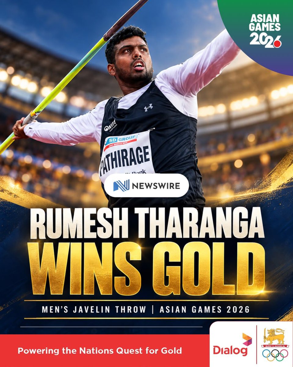 NewsWireLK's tweet photo. GOLD FOR RUMESH THARANGA! 🥇🇱🇰

In tough, rainy conditions, Rumesh Tharanga delivers yet again, producing another outstanding performance to win Asian Games Gold for Sri Lanka! 88.55m 🚀🚀🚀

Another golden moment for Sri Lanka’s newest athletics star. 🇱🇰🏆 https://t.co/nbvbYaFcZb