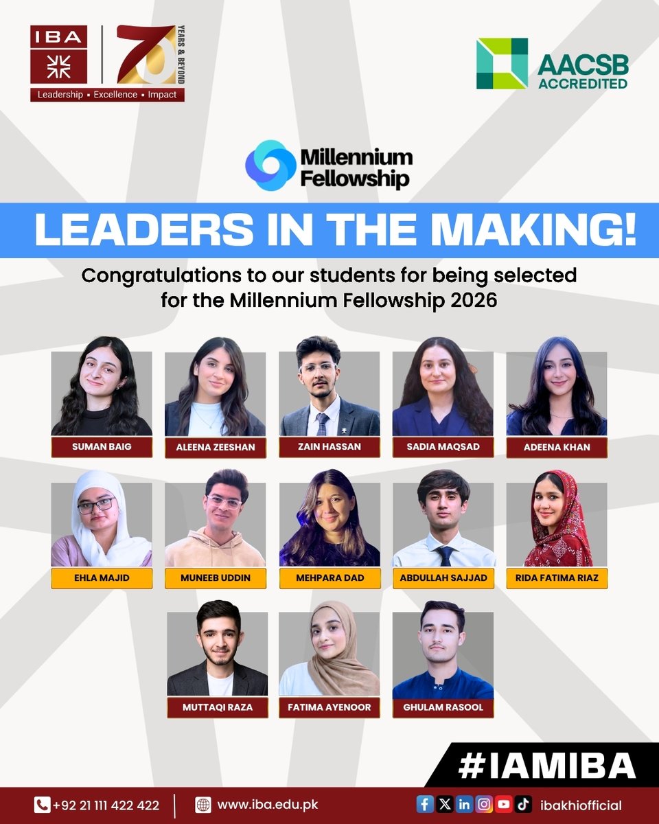 ibakhiofficial's tweet photo. The Next Generation of Leaders

IBA congratulates its students selected for the Millennium Fellowship 2026, recognising their commitment to leadership, social impact, and meaningful change. Their selection marks another step in their journey to create impact beyond the classroom and contribute to a better future.

#IBAKarachi #MillenniumFellowship #StudentAchievement #Leadership #Excellence #Impact