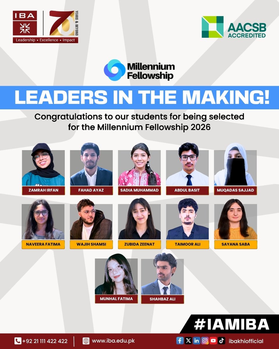 ibakhiofficial's tweet photo. The Next Generation of Leaders

IBA congratulates its students selected for the Millennium Fellowship 2026, recognising their commitment to leadership, social impact, and meaningful change. Their selection marks another step in their journey to create impact beyond the classroom and contribute to a better future.

#IBAKarachi #MillenniumFellowship #StudentAchievement #Leadership #Excellence #Impact