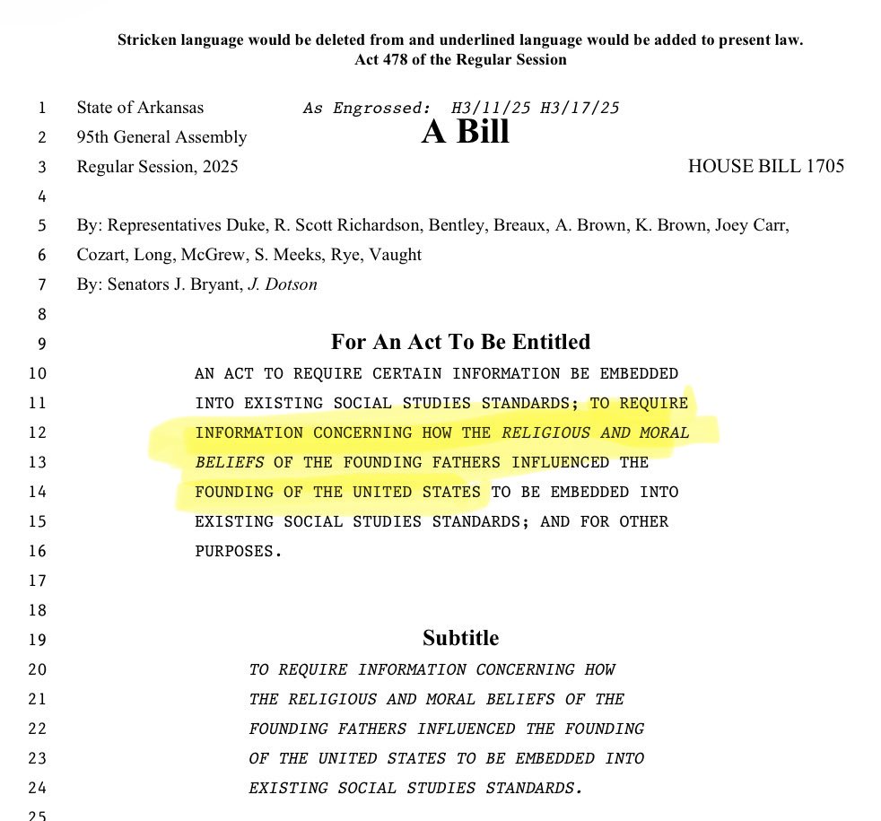 thetrueshelby's tweet photo. Arkansas is doing more weird shit again, y’all.

Republican lawmakers recently passed a law requiring 6th–12th grade social studies to cover the Founding Fathers’ religious and moral beliefs, the Ten Commandments, Mosaic Law and New Testament. https://t.co/pR16ceTLDe