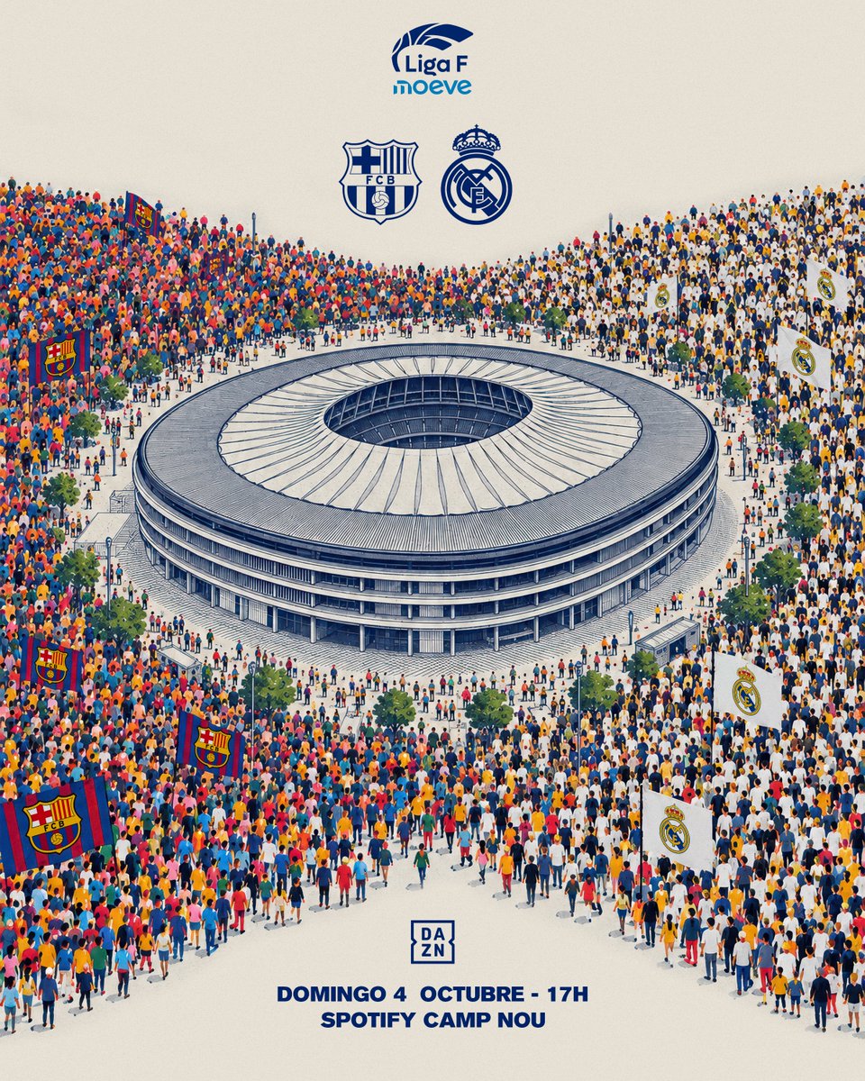 LigaF_oficial's tweet photo. ⏳ LA CUENTA ATRÁS YA HA EMPEZADO

FC Barcelona 🆚 Real Madrid CF
📅 4 OCT | 🕔 17:00H
🏟️ Spotify Camp Nou
📺 DAZN

¿Con qué equipo vas? ✍️

#LigaFMoeve | #BarçaRealMadrid https://t.co/Xf2J8rJsRt