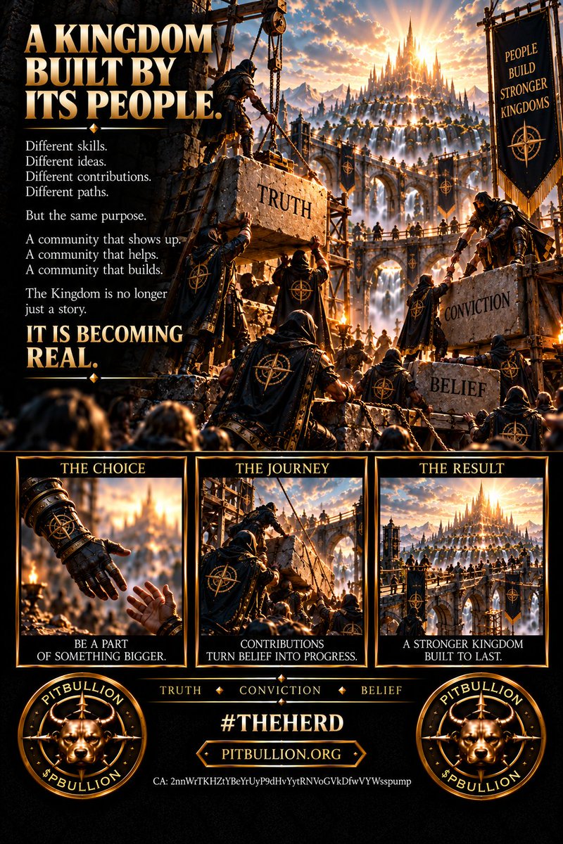 ThePitBullion's tweet photo. Different skills.
Different ideas.
Different contributions.
Different paths.

One purpose. One Kingdom.

A community that shows up.
A community that helps.
A community that builds.

The Kingdom becomes real through the people willing to contribute to it.

Build something worth belonging to. 🐂👑

#TheHerd $PBULLION #Crypto #memecoin #memecoin100x