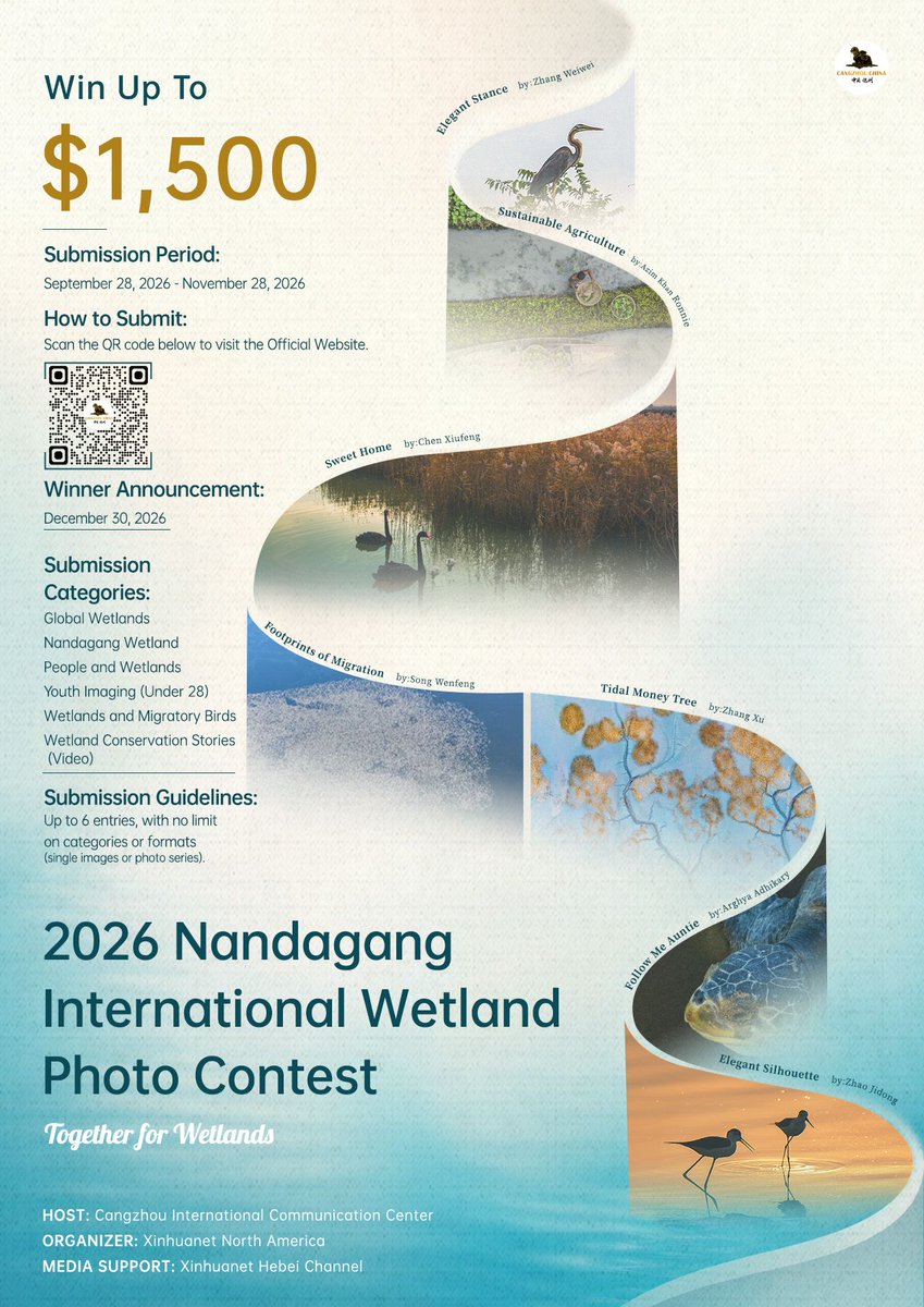 Cangzhou_China's tweet photo. 📸 2026 Nandagang International Wetland Photo Contest—Call for Entries! 

Wetlands are more than landscapes. They are vital habitats for wildlife, essential stopovers for migratory birds, and ecosystems shared by people and nature.

Following the success of its first edition, which brought together more than 200 photographers from 28 countries, the 2nd Nandagang International Wetland Photo Contest invites photographers around the world to keep the story going—documenting wetland beauty, biodiversity and conservation through the power of photography.

Together for Wetlands.

🌍 Open to photographers worldwide
💰 Free to enter
🏆 Win up to $1,500
📅 Submission period: September 28 – November 28, 2026
📢 Winners announced: December 30, 2026

Ready to show us your vision of wetlands? 

https://t.co/TZ1NSGJySs 

#photographycompetition #photocontest #cangzhou #nandagang #wetland