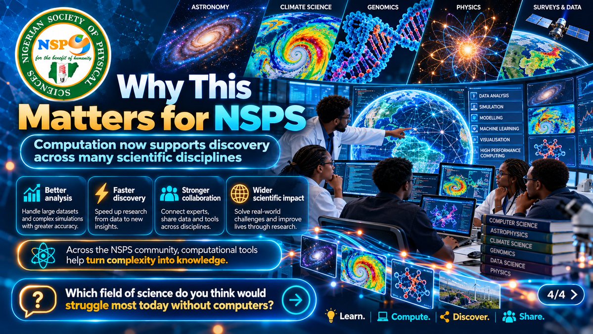 NSPSciences's tweet photo. 𝐖𝐡𝐞𝐧 𝐭𝐡𝐞 𝐝𝐚𝐭𝐚 𝐛𝐞𝐜𝐨𝐦𝐞 𝐭𝐨𝐨 𝐥𝐚𝐫𝐠𝐞 𝐟𝐨𝐫 𝐮𝐬 𝐭𝐨 𝐡𝐚𝐧𝐝𝐥𝐞 𝐦𝐚𝐧𝐮𝐚𝐥𝐥𝐲, 𝐜𝐨𝐦𝐩𝐮𝐭𝐞𝐫𝐬 𝐡𝐞𝐥𝐩 𝐭𝐮𝐫𝐧 𝐜𝐨𝐦𝐩𝐥𝐞𝐱𝐢𝐭𝐲 𝐢𝐧𝐭𝐨 𝐝𝐢𝐬𝐜𝐨𝐯𝐞𝐫𝐲. 💻🔬

From astronomy and climate science to physics, genomics, and large-scale surveys, computational tools help researchers analyse more data, run simulations, automate tasks, and uncover patterns that would otherwise be difficult to see.

𝐃𝐢𝐟𝐟𝐞𝐫𝐞𝐧𝐭 𝐬𝐜𝐢𝐞𝐧𝐜𝐞𝐬. 𝐎𝐧𝐞 𝐩𝐨𝐰𝐞𝐫𝐟𝐮𝐥 𝐜𝐨𝐦𝐩𝐮𝐭𝐚𝐭𝐢𝐨𝐧𝐚𝐥 𝐚𝐝𝐯𝐚𝐧𝐭𝐚𝐠𝐞.

#NSPS #ComputerScience #ScientificComputing #DataScience #Research #ScienceEducation