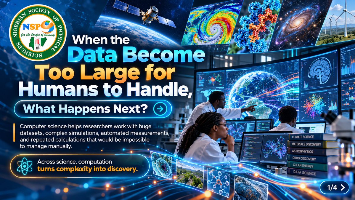 NSPSciences's tweet photo. 𝐖𝐡𝐞𝐧 𝐭𝐡𝐞 𝐝𝐚𝐭𝐚 𝐛𝐞𝐜𝐨𝐦𝐞 𝐭𝐨𝐨 𝐥𝐚𝐫𝐠𝐞 𝐟𝐨𝐫 𝐮𝐬 𝐭𝐨 𝐡𝐚𝐧𝐝𝐥𝐞 𝐦𝐚𝐧𝐮𝐚𝐥𝐥𝐲, 𝐜𝐨𝐦𝐩𝐮𝐭𝐞𝐫𝐬 𝐡𝐞𝐥𝐩 𝐭𝐮𝐫𝐧 𝐜𝐨𝐦𝐩𝐥𝐞𝐱𝐢𝐭𝐲 𝐢𝐧𝐭𝐨 𝐝𝐢𝐬𝐜𝐨𝐯𝐞𝐫𝐲. 💻🔬

From astronomy and climate science to physics, genomics, and large-scale surveys, computational tools help researchers analyse more data, run simulations, automate tasks, and uncover patterns that would otherwise be difficult to see.

𝐃𝐢𝐟𝐟𝐞𝐫𝐞𝐧𝐭 𝐬𝐜𝐢𝐞𝐧𝐜𝐞𝐬. 𝐎𝐧𝐞 𝐩𝐨𝐰𝐞𝐫𝐟𝐮𝐥 𝐜𝐨𝐦𝐩𝐮𝐭𝐚𝐭𝐢𝐨𝐧𝐚𝐥 𝐚𝐝𝐯𝐚𝐧𝐭𝐚𝐠𝐞.

#NSPS #ComputerScience #ScientificComputing #DataScience #Research #ScienceEducation