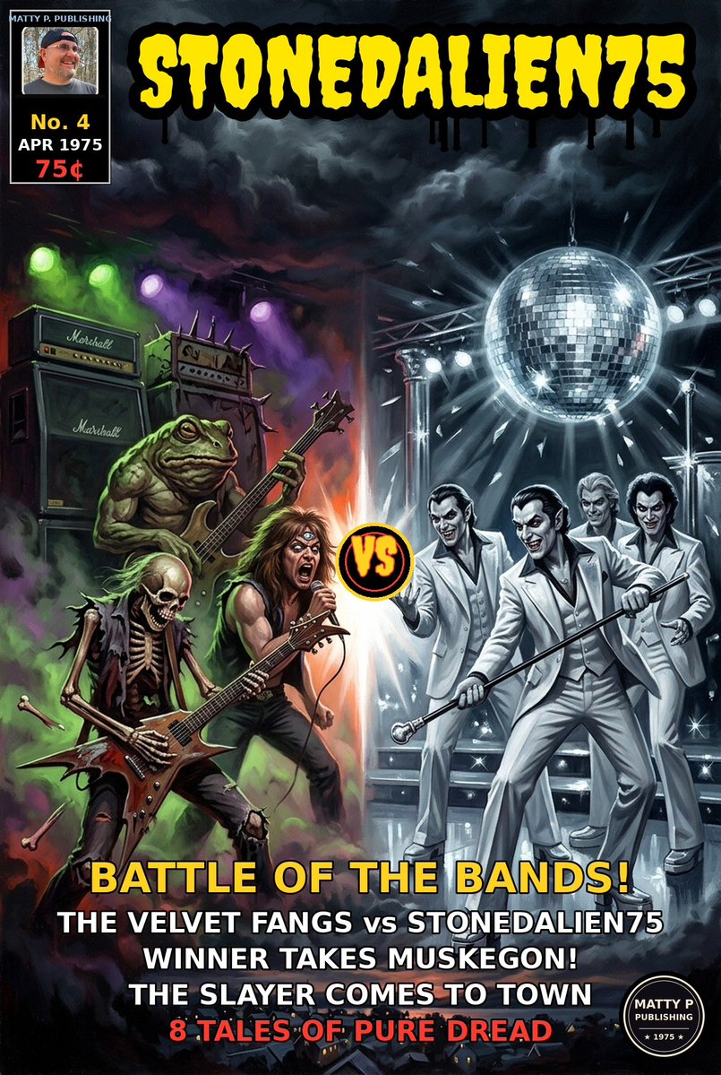 StonedAlien75's tweet photo. THE BATTLE FOR MUSKEGON IS ON! 🎸⚔️ The Velvet Fangs challenge StonedAlien75 to a battle of the bands — winner takes the town. But somebody brought a slayer...

Issue No. 4, APR 1975 — 17 pages of pure dread for 75 cents. 👽🩸 https://t.co/5WghUljFIY