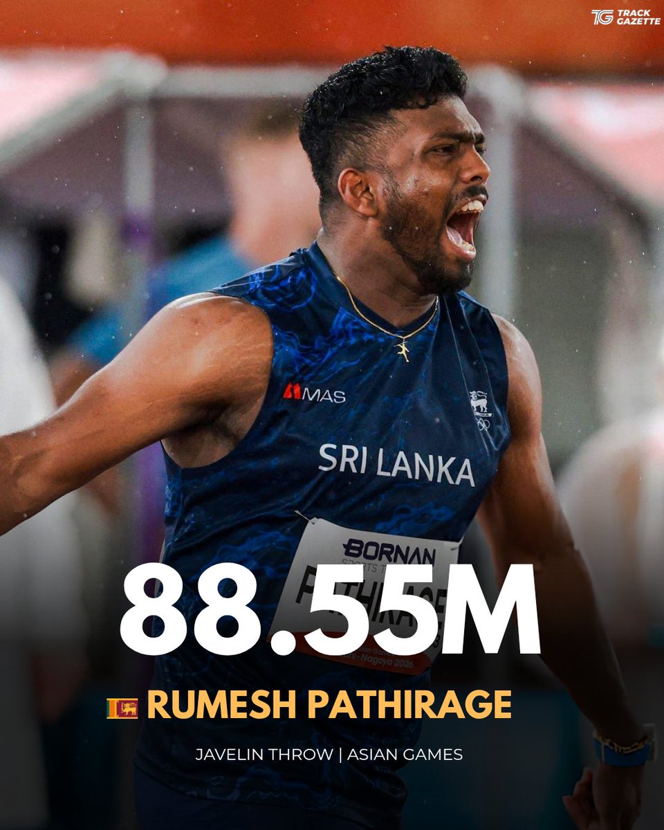 TrackGazette's tweet photo. Rumesh Pathirage 🇱🇰 landed a final-round throw of 88.55m to win GOLD in the men's Javelin Throw at the Asian Games in Nagoya!

After a conservative start in the rain, he moved into the lead with his 4th round throw before sealing the title with his final effort.

Yashvir Singh 🇮🇳 took Silver with a PB of 85.72m, while Rohit Yadav 🇮🇳 won Bronze with 85.35m.