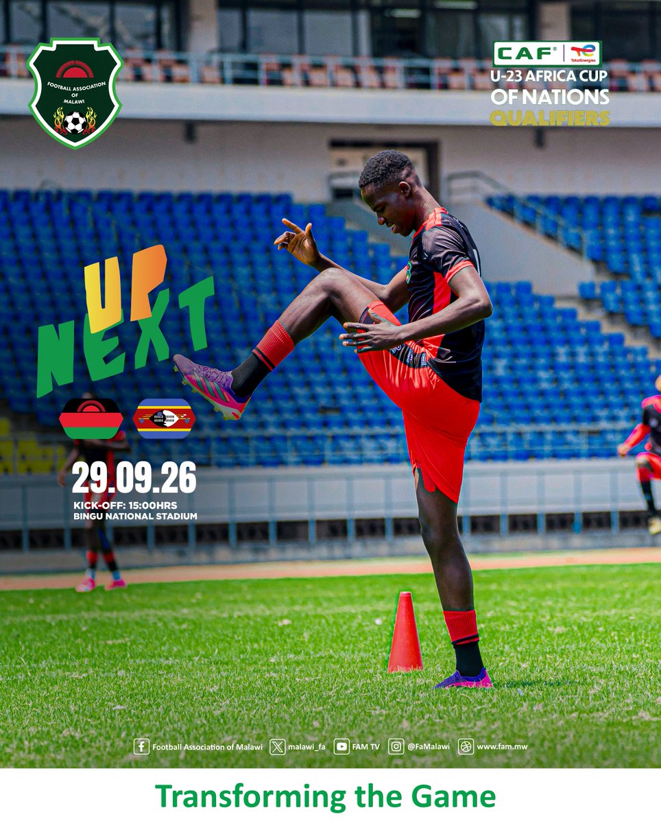 FaMalawi's tweet photo. Malawi U23 face Eswatini U23 tomorrow in the CAF U-23 Africa Cup of Nations Qualifiers at Bingu National Stadium. 

Kick-off: 15:00hrs. https://t.co/mOaJeEn5wI