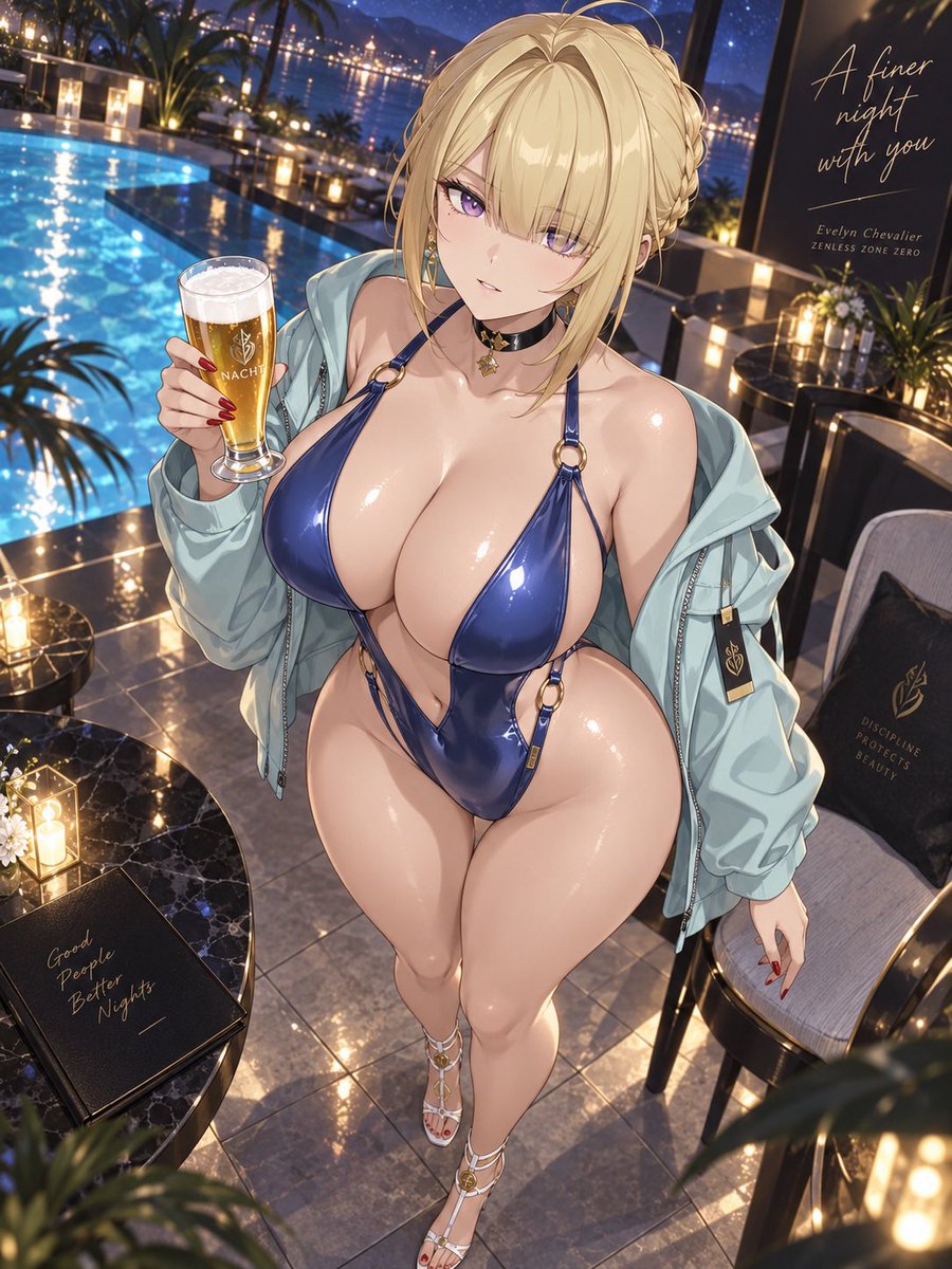 nemotsune's tweet photo. 今夜は少し贅沢な夜に。
プールサイドの風と、冷たいビールと、艶やかな光。
#ゼンレスゾーンゼロ #イヴリン https://t.co/i5T8M4DOWB