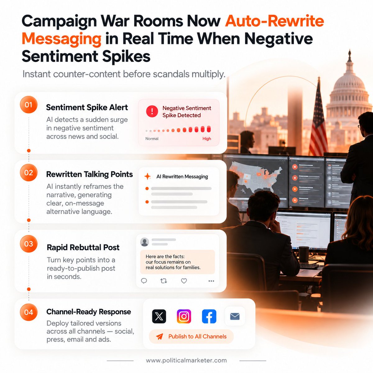 PoliMarketer's tweet photo. AI-powered campaign war rooms can move from sentiment detection to response drafting in minutes.
The workflow:
• Detect negative sentiment spikes
• Rewrite talking points
#PoliticalMarketing #AIInPolitics #CampaignStrategy #SentimentAnalysis #RapidResponse #DigitalCampaigns https://t.co/u2ANCeXSDR