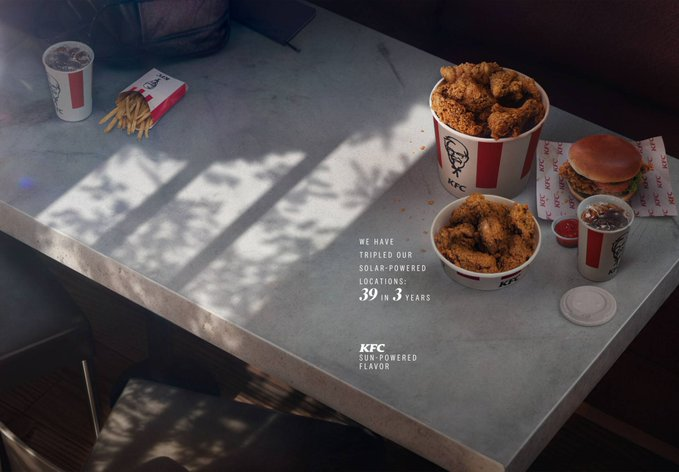 MarketCastIn's tweet photo. KFC used the sun to advertise how much its restaurants use solar power

Its “Sun Stats” campaign turns sunlight and shadows into data charts, showing the progress of its solar-powered restaurants @kfc https://t.co/G5UenynmuY