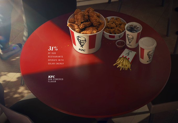 MarketCastIn's tweet photo. KFC used the sun to advertise how much its restaurants use solar power

Its “Sun Stats” campaign turns sunlight and shadows into data charts, showing the progress of its solar-powered restaurants @kfc https://t.co/G5UenynmuY