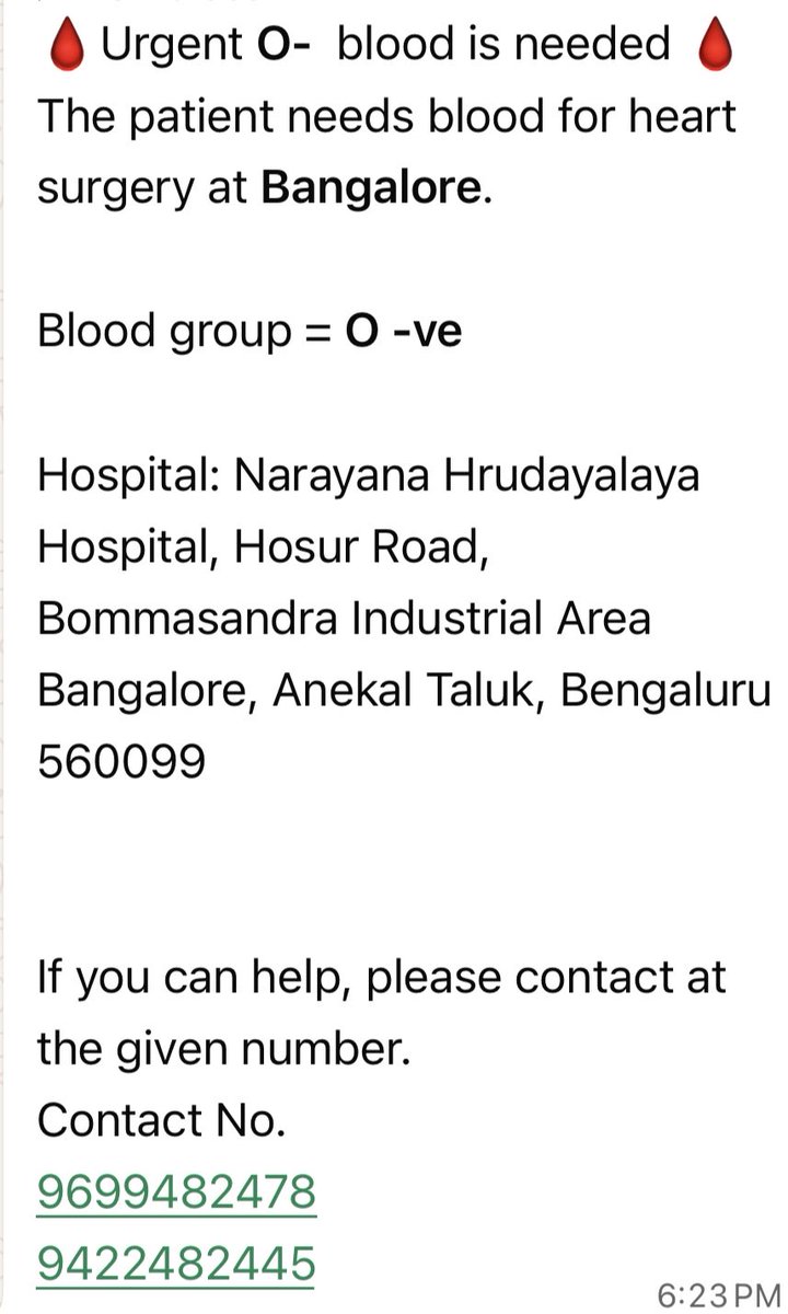 MehHarshil's tweet photo. 🆘 A friend is going through surgery. 

She urgently needs O- blood by tonight or tomorrow morning at Narayana Hrudayalaya, Bangalore. 

Please help 🙏 https://t.co/1HZxYG0U6e