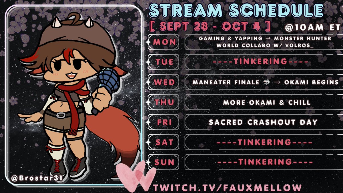 FauxMellow's tweet photo. 📢 Weekly Chaos Schedule 📢
[ SEPT 28 - OCT 4 ]

- More MonHun collabo
- Finishing Maneater DLC 🦈
- Playing OKAMI (one of my favs)
- Maybe some more Marvel Rivals sprinkled here and there!! 

BIG LUV AND GOOD VIBES https://t.co/oMsHAMO0OA