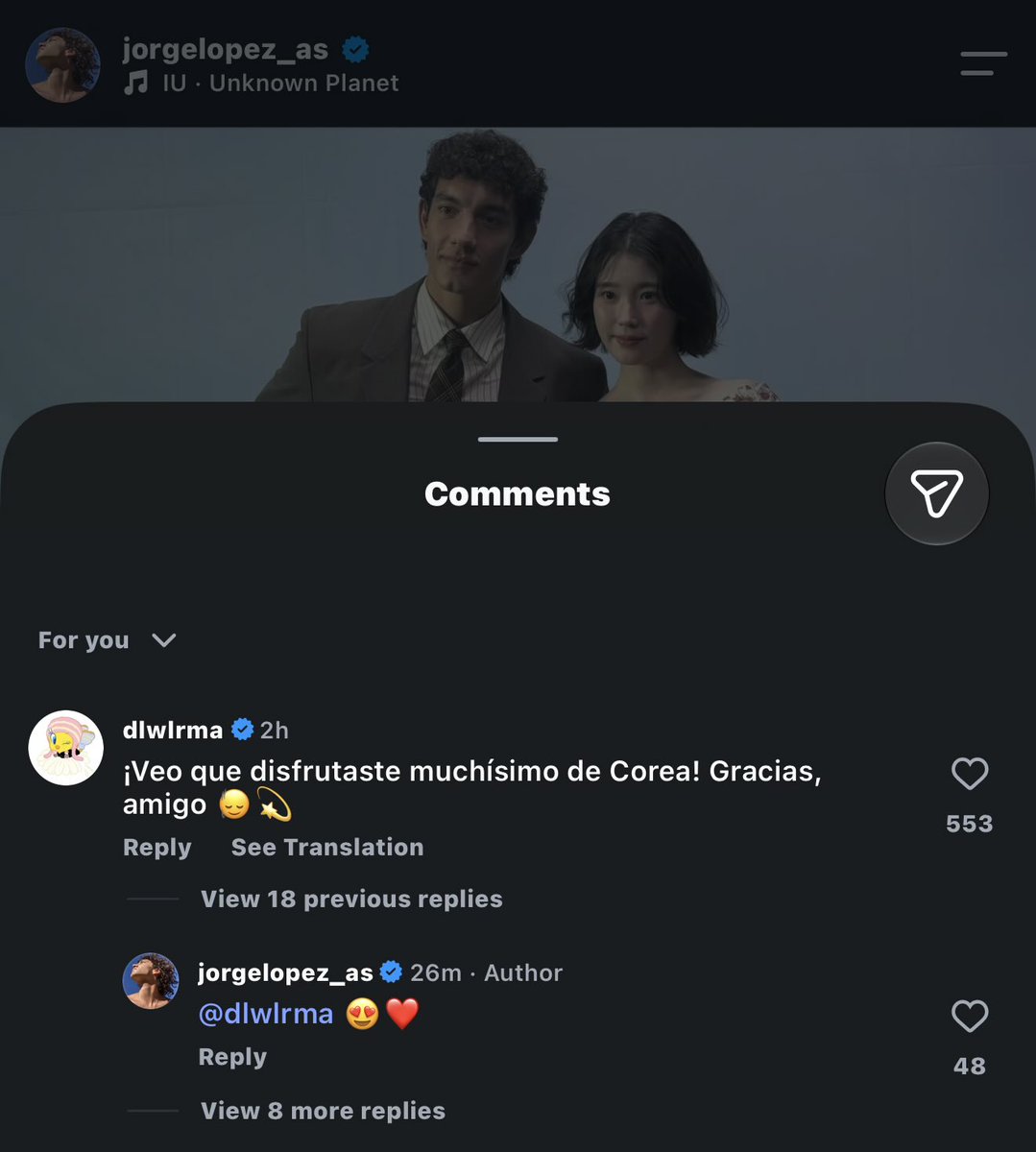 AuraBoomz's tweet photo. IU under Jorge López’s post:

“I can see you really enjoyed Korea! Thank you, friend.”

So cute.
#IU https://t.co/muXSXYDo2c
