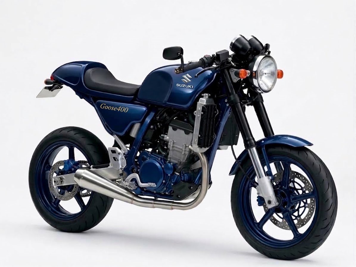 PutiMotor's tweet photo. #妄想バイク
スズキ「Goose（グース）400」

スズキは400ccの現行ラインナップが少ないので、「DR-Z4S」「DR-Z4SM」から派生したシングル・ロードスポーツとして、「Goose（グース）350」の後継機を妄想しました。 https://t.co/5zOu9MFd2u
