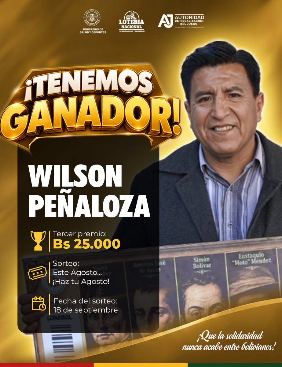 lonaboloficial's tweet photo. ¡𝐋𝐚 𝐋𝐨𝐭𝐞𝐫𝐢́𝐚 𝐍𝐚𝐜𝐢𝐨𝐧𝐚𝐥 𝐬𝐢́ 𝐜𝐮𝐦𝐩𝐥𝐞!
Wilson Peñaloza, de la ciudad de La Paz, es el ganador del tercer premio de Bs 25.000 del sorteo “Este Agosto, Haz tu Agosto”.
¡Tú puedes ser el próximo ganador! Participa en los sorteos de LONABOL.
#LONABOL #LaPaz https://t.co/466gCFx9sD
