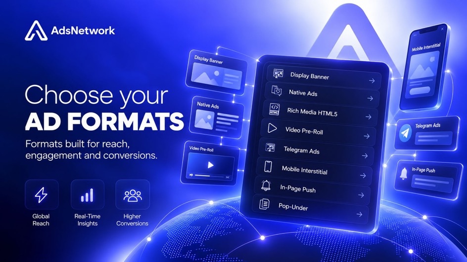 adsnetwork_io's tweet photo. Reach audiences worldwide with the ad formats built for performance.

From Display Banner and Native Ads to Video Pre-Roll, Telegram Ads, Mobile Interstitial, In-Page Push, Rich Media HTML5 and Pop-Under. AdsNetwork gives you the flexibility to choose the right format for every campaign.

Smarter targeting. Real-time insights. More opportunities to convert.

One platform. Multiple formats. Global reach.

#AdsNetwork #AdTech #DigitalAdvertising #PerformanceMarketing #MediaBuying #ProgrammaticAdvertising