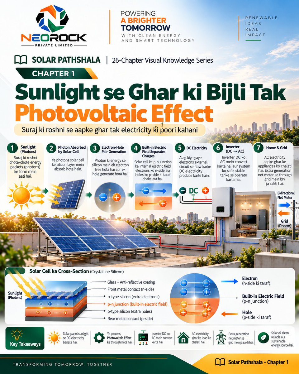 neorockofficial's tweet photo. Solar Energy 101 ☀️

Sunlight se electricity actually kaise banti hai?

Let’s understand the journey  from a photon hitting a solar cell to electricity powering your home.

Solar Pathshala | Chapter 1
A 7-part visual thread by NEOROCK. https://t.co/Ba0P9htCeV